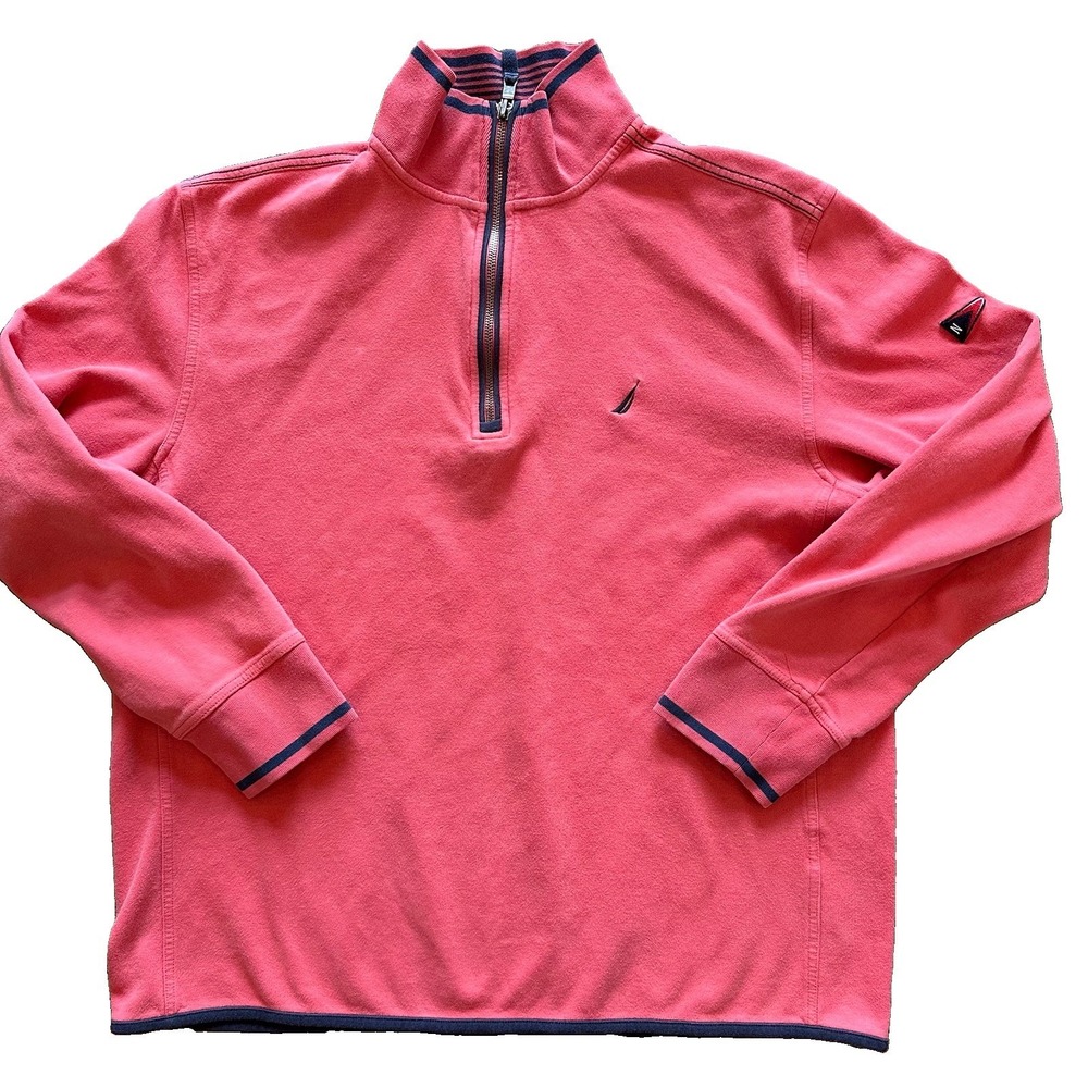 Nautica Sweater Mens L Salmon Pullover Shirt Quarter Zip Sweatshirt Logo Sailing